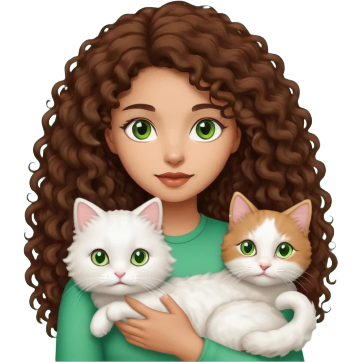Woman light brown skin long dark curly hair, green eyes, with a cat emoji