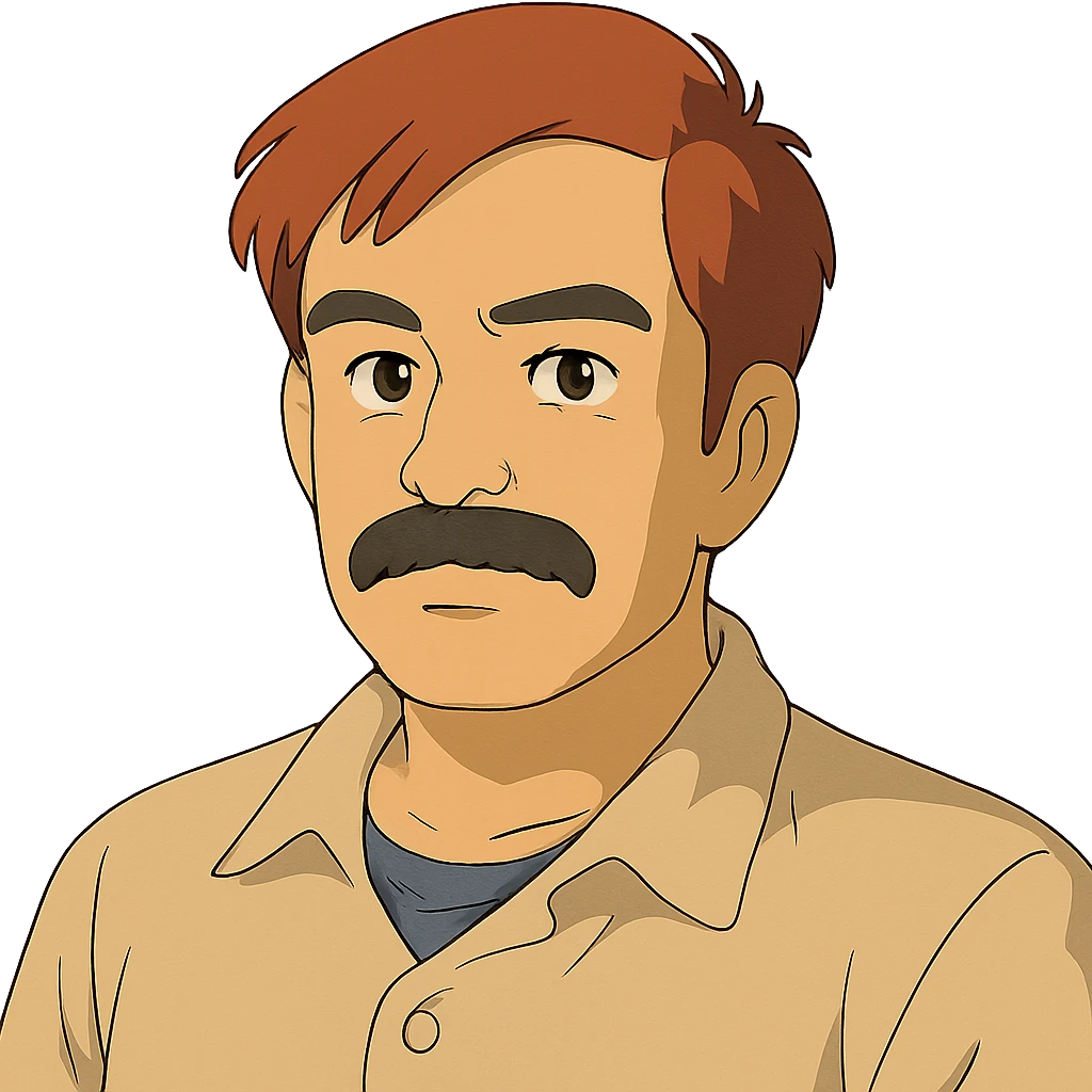 asian man with black mustache and red hair, 90's anime style portrait, ghibli style emoji