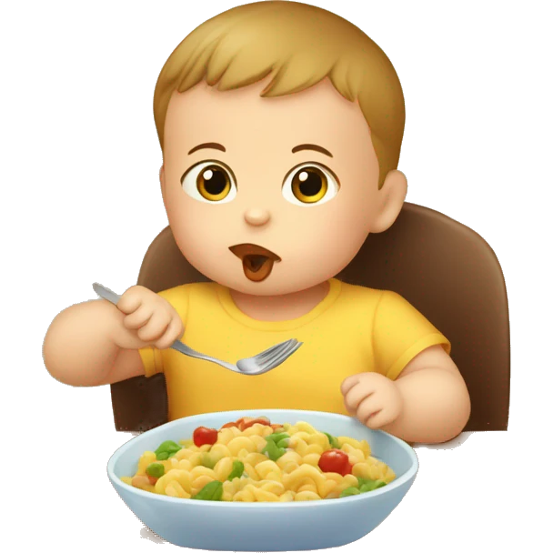A baby eat his first food in the chair for kids by the table  emoji