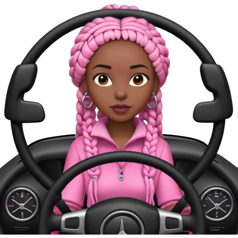 A dark-skinned Black woman with black box braids, hands on the steering wheel, looking ahead. Pink car emoji