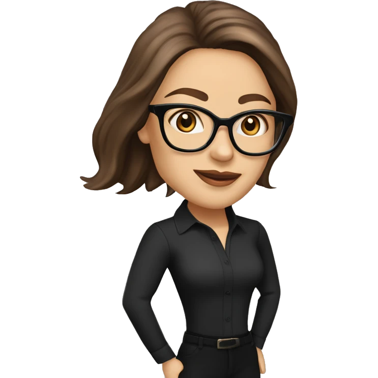50 years old
long brown hair with straight styling
light skin
glasses with refined frame
Brown almond eyes with cat eye liner
black silk shirt with long sleeves emoji