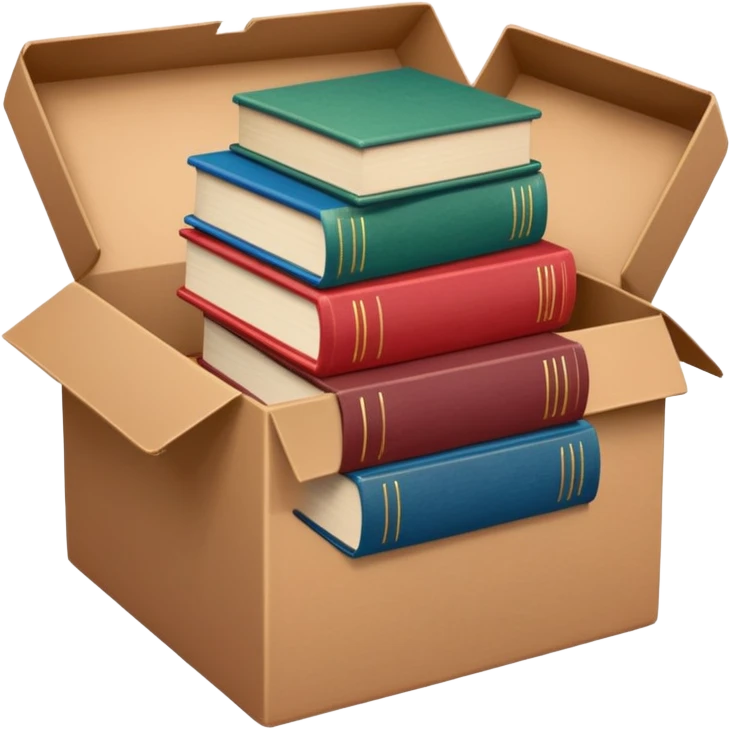 
An open brown cardboard box with softly rounded edges, filled with a small stack of colorful hardcover books (muted red, blue, and green). emoji