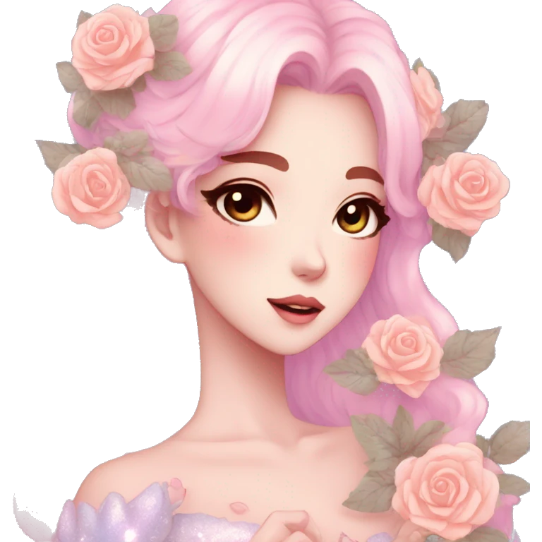 Gorgeous pastel anime style lady with blushing face and roses leaves glitter sparkle aesthetic trending style emoji