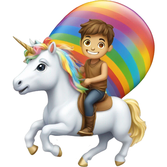 Boy riding unicorn on a rainbow emoji