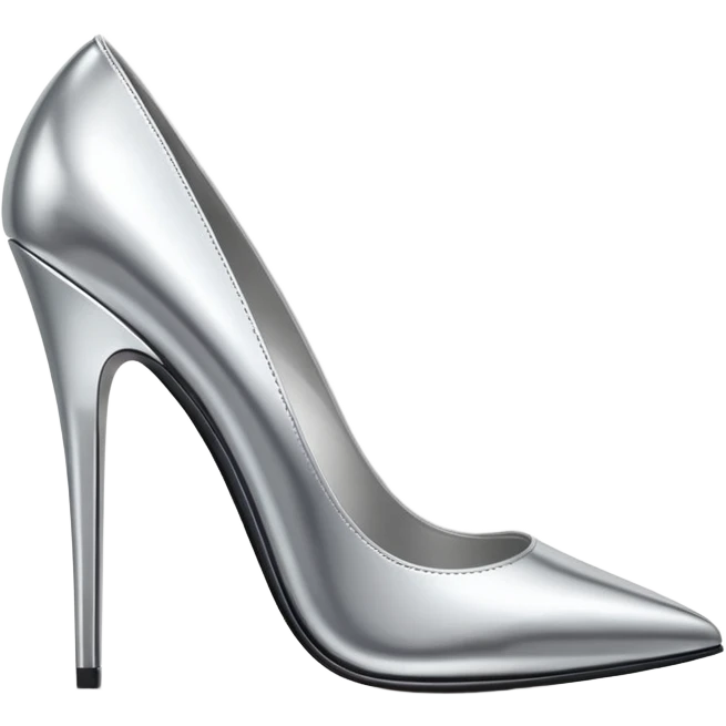 A pair of high heel shoes emoji made of polished silver chrome, elegant sharp silhouette, smooth metallic surface, glossy reflections, luxury sexy vibe, minimalistic iOS emoji style, centered, clean white background emoji