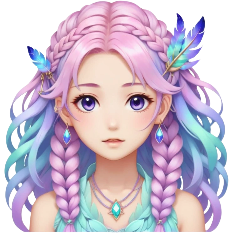 Beautiful gorgeous anime lady with beautiful iridescent-nebula-braided-hair, fashion aesthetic, ethereal, fairycore, pastelcore, feathers emoji