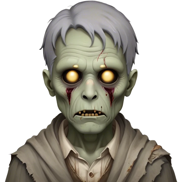 Cinematic Noble Zombie Portrait Emoji, Surprisingly dignified and somber, with a decaying yet strangely regal visage in ashen grays and muted tones, draped in tattered attire hinting at a lost grandeur, simplified yet meticulously detailed, glowing with a soft, eerie radiance and a gentle outline that evokes the tragic nobility of the undead! emoji