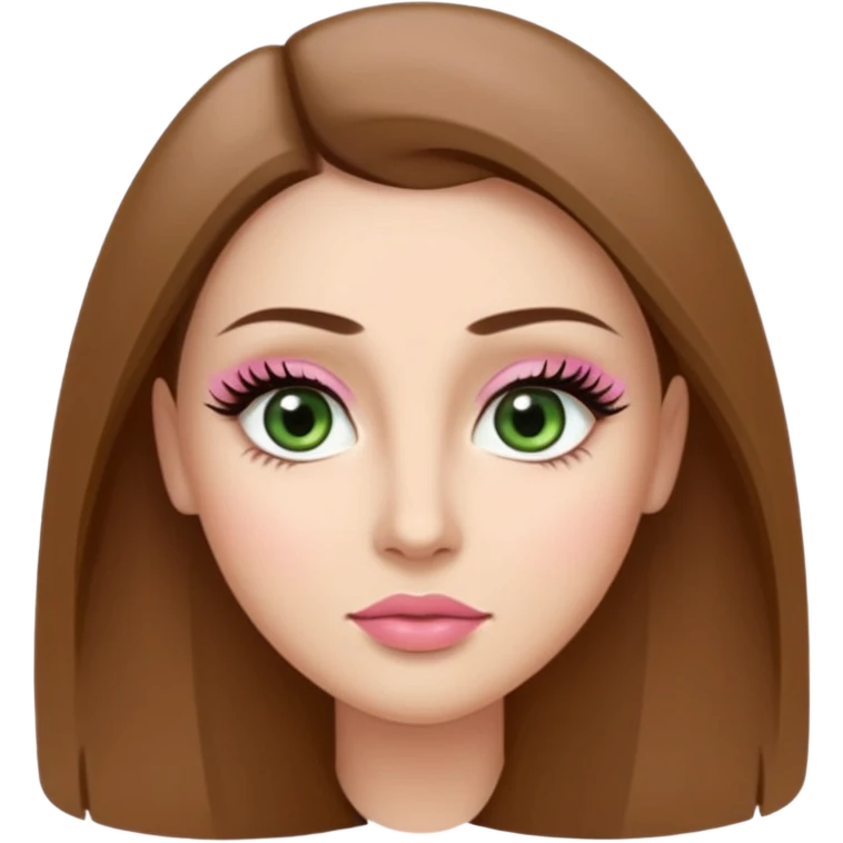 Adult woman avatar, light skin tone, oval face, long straight brown hair, green almond-shaped eyes with dramatic eyelashes and minimal eyeliner, neutral mouth, medium straight eyebrows, small nose, natural pink lips, smooth skin with light natural blush emoji