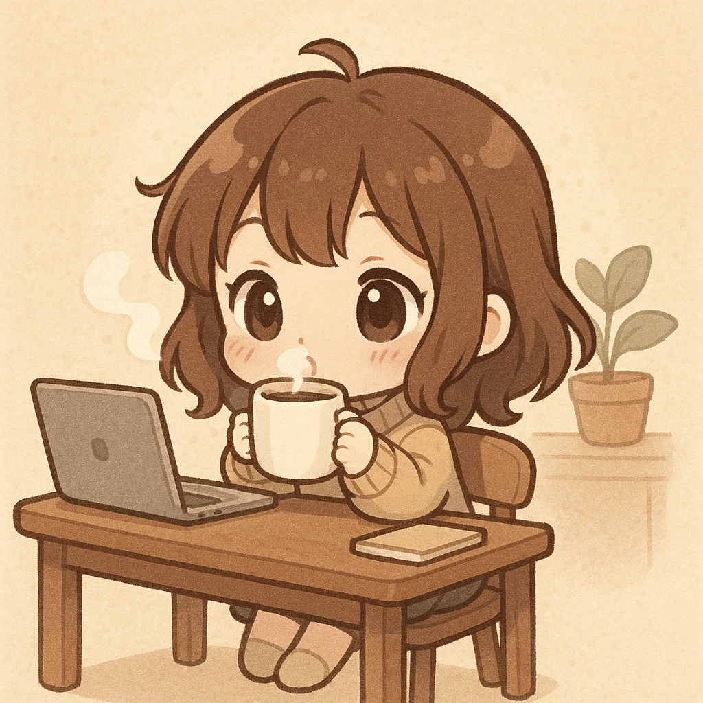 chibi girl sitting at her desk, sipping coffee, cute and cozy, chibi style emoji
