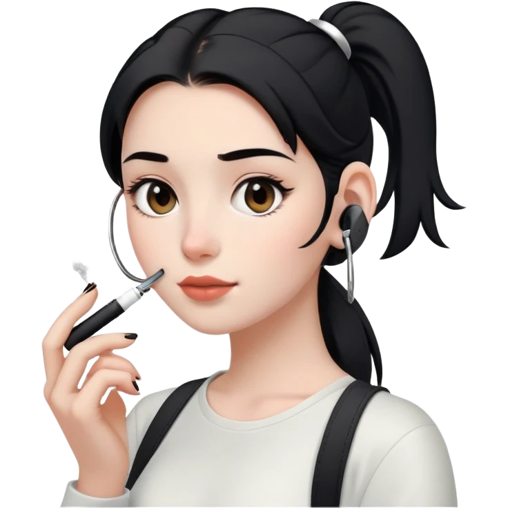a girl with a black ponytail, white skin, brown eyes, airpods in the ears and with an electronic cigarette in the hand emoji