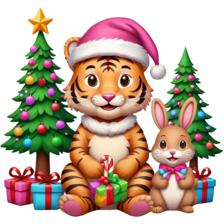 Smiling Pink tiger with Santa sitting with a bunny as friends and brightly lit colorful Christmas trees and candy canes 🎁  emoji