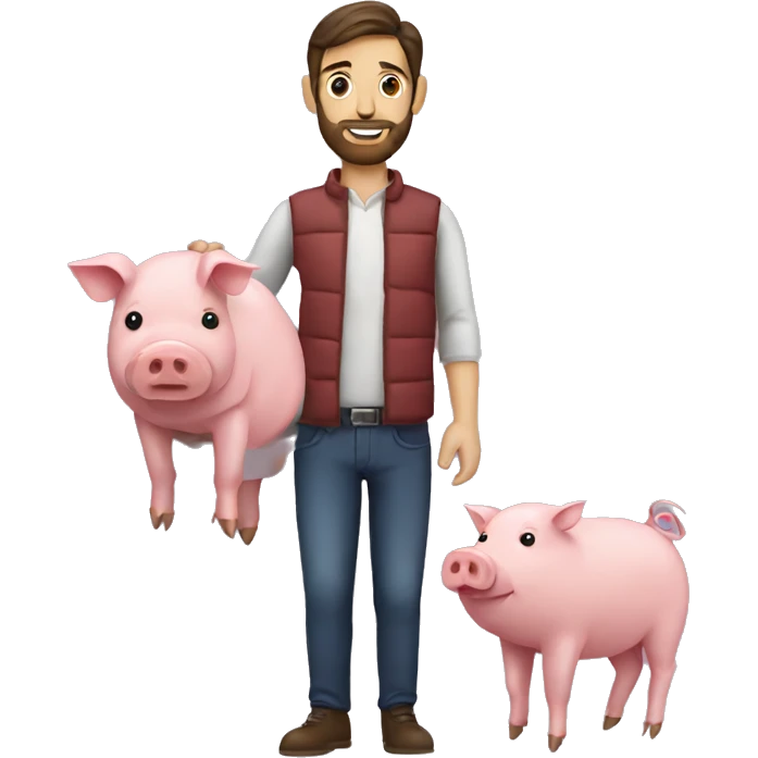 Brunette man with beard holding a pig in one hand and bacon in another hand  emoji