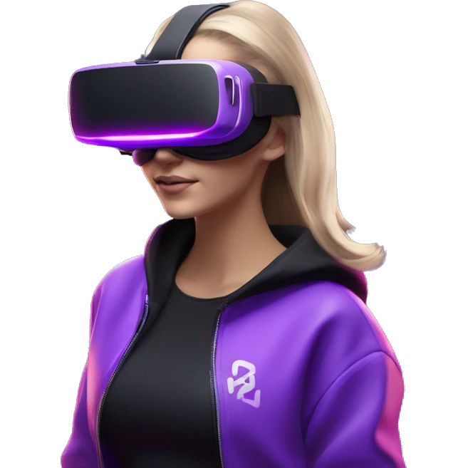 Russian girl wearing black hoody with violet letters "OMG", in vr headset oculus quest2. Dancing. Cyberpunk style. Violet neon. emoji