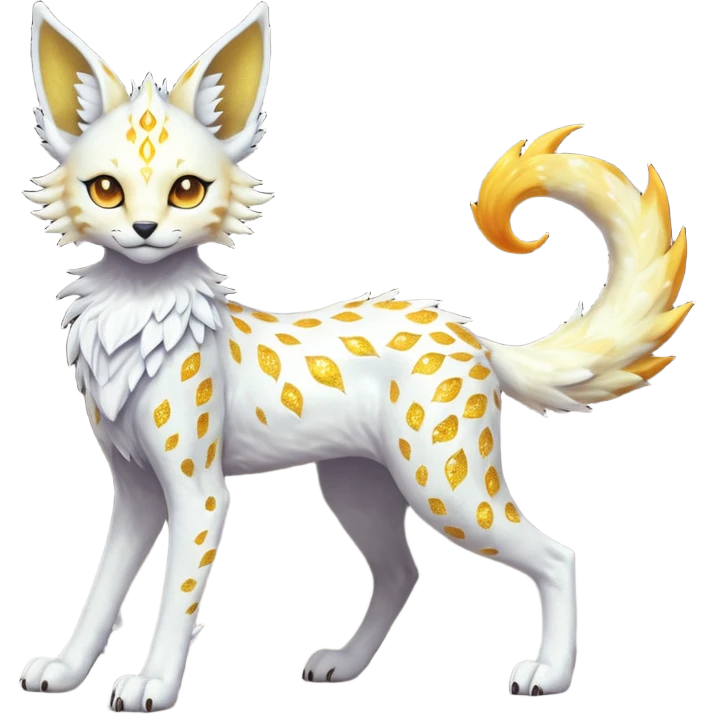 Epic complex fantasy glorious detailed dark dusky gloomy deep gothic gloomy sunny, white, albino, pastel, golden, orange glowing sparkly, realistic Fakémon-Sprigatito-Floragato-Meowscarada-Trico-Sergal-Serval-Solgaleo-Vernid-creature (full body) solarpunk, shiny sparkly, iridescent emoji