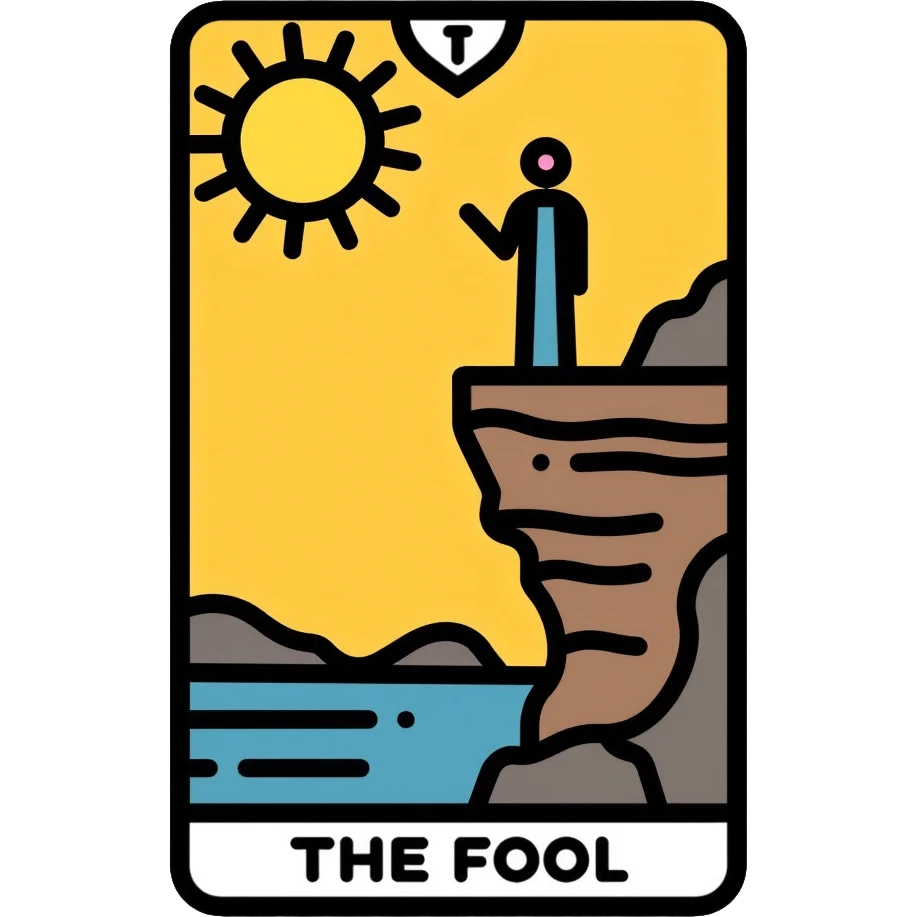 The Fool tarot card with sun in corner and figure near cliff emoji