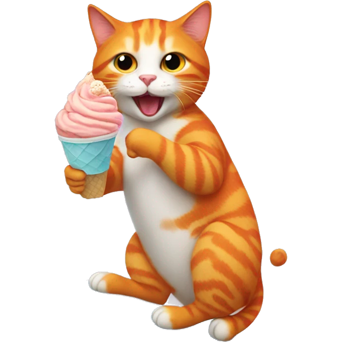 Orange cat eating an ice cream while riding a surfboard emoji