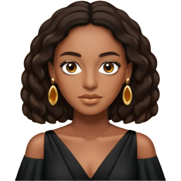Solange brown eyes, long dark brown hair, black outfit with earrings emoji