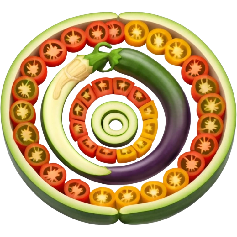 ratatouille, fatias de berinjela, abobrinha, tomate e pimentão, arrumadas em espiral, cores vivas emoji