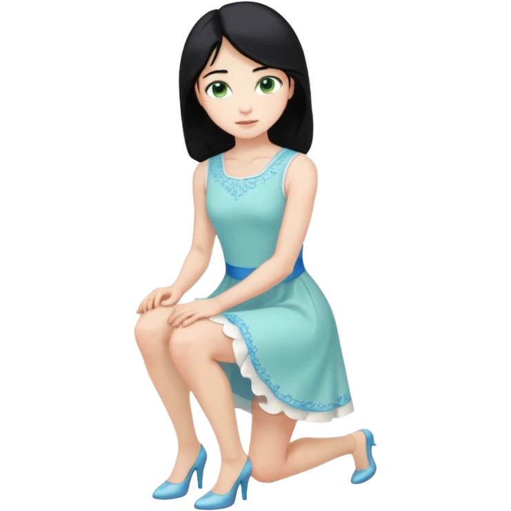 prince, upright, black Hair, blue eyes, garment,  woman, bending knee, white sleveless dress, blonde hair, green eyes, emoji