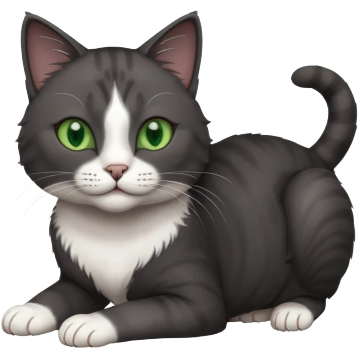 beautiful female solid dark grey cat with green eyes, white toes/paws and white patch on her chest rolling over emoji