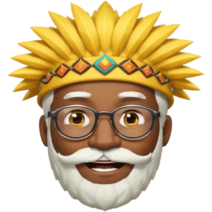 50 year old man, spiky hair, winking one eye, smiling brightly, black skin, raised eyebrows, wearing glasses, white hair and beard, wearing a yellow hat like a tribal chief, emoji style, style 3 emoji