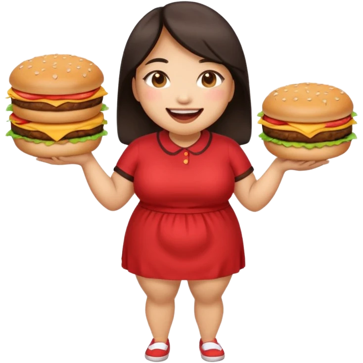 n create a humongous asian girl with 2 burgers and a cookie in her mouth, she is super fat, please make her a full body emoji emoji