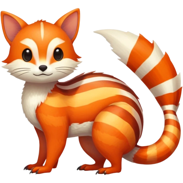 lush warm-colored Fakémon-Trico-creature (full body) with white cheek markings, white-striped tail emoji