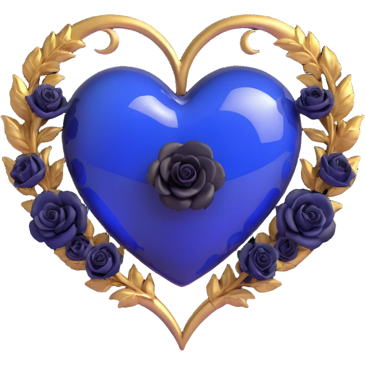 3D emoji gothic heart, midnight blue glass, silver crescent moon, tiny black roses, mysterious and rich emoji