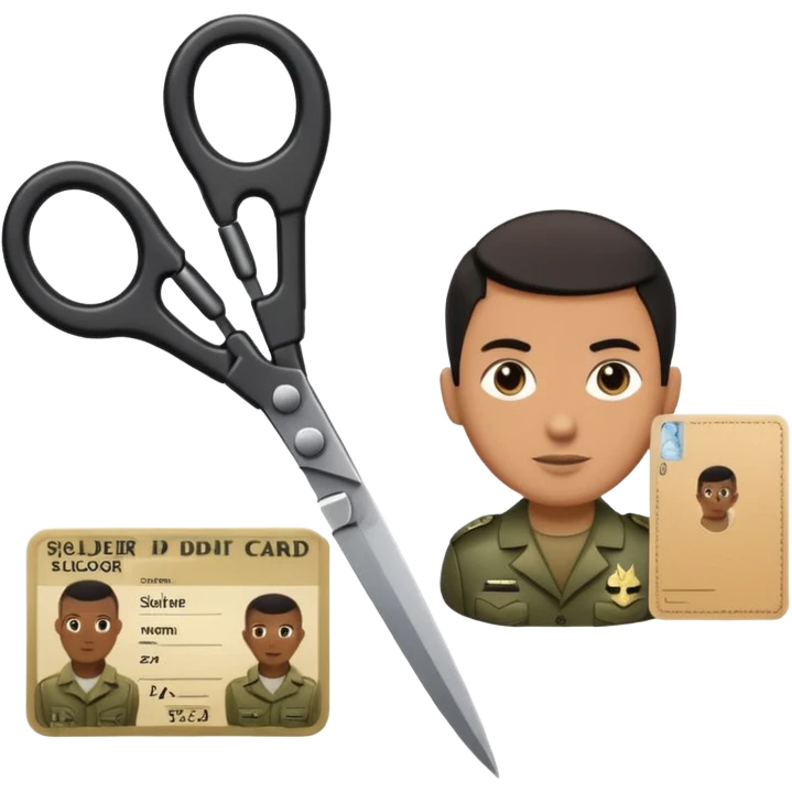 Floating black Scissors cutting an idf soldier ID card in 2 parts .hyper realistic emoji