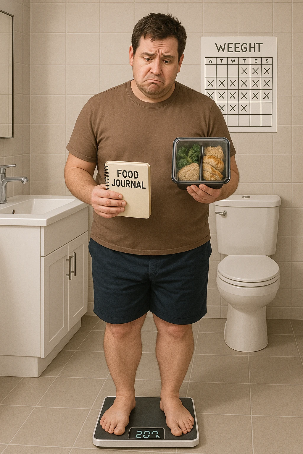 Man in his 30s standing on a bathroom scale, looking disappointed and confused. He holds a food journal and a meal prep container, clearly following a diet. Behind him, a calendar marked with weeks of effort. His body looks the same as before — no visible change. Expression: frustration, lack of motivation. Clean, modern bathroom setting with neutral tones. Digital scale showing the same number as before. Subtle emotional tone: discouragement emoji