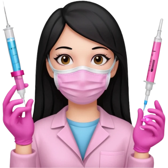 laboratorista con guantes rosa y mascarilla rosa  jeringa tubos  sin lentes pelo lacio negro y largo  emoji