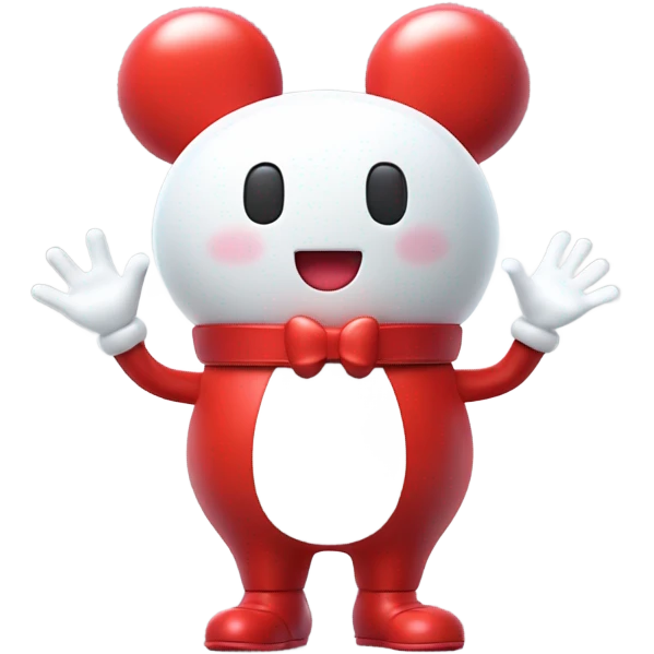 Very shiny full body character with pill capsule head with puffy body and welcoming waving Mickey Mouse arms braun Japanese inspired Anpanman with big boots and antennae red and white colors only emoji