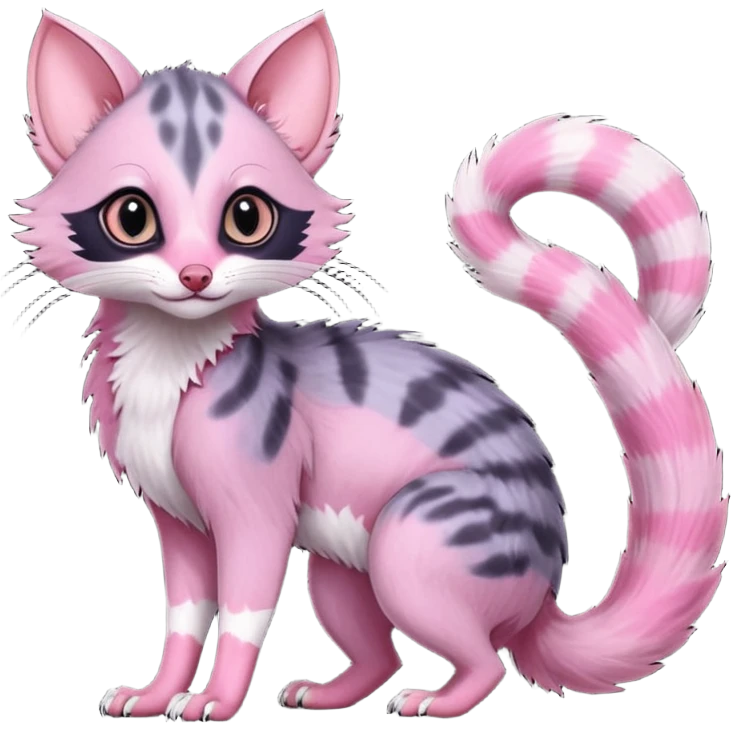 Deep dark pastel bright whitish pale Violet-pink-gradients with darker points Asian painted anime-styled big-eyed shiny glorious divine marked exotic cool beautiful realistic Lykoi-civet-genet-sergal-ocicat-oncilla-animal-Fakémon-hybrid-fursona (full body) emoji