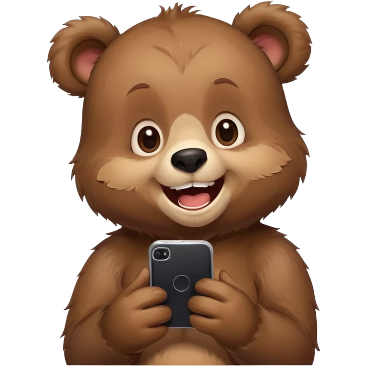 A cute bear looking into smartphone and laughing  emoji