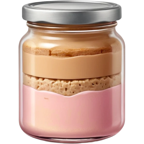 small glass jar filled with coarse beige to light pink pâté, smooth slightly uneven surface, metal lid, visible layers of texture through transparent glass, fine fat cap on top, no label, no garnish, no bread, sealed jar, soft lighting, subtle shadows, emoji scale emoji