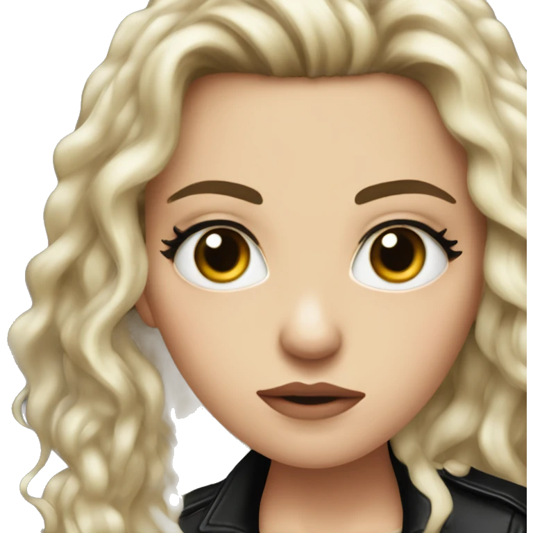 White girl, with long curly black hair,  wearing black shirt and black leather jacket, rolling her eyes annoyed emoji