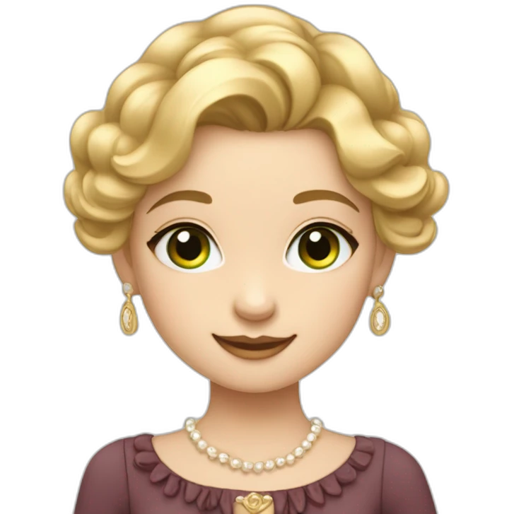 A cute girl with golden hair, soft features, green eyes, and fair skin. She smiles and wears a Coco Chanel dress. emoji