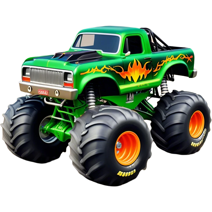 Grave Digger - Monster Jam (Model Year: 2022) (Iconic colour: Green with flames) - A legendary monster truck with a fearsome design: predominantly deep green with dynamic, vibrant flame graphics in bright orange and yellow. Highlight its rough, edgy bodywork and an aura of untamed rebellion. emoji