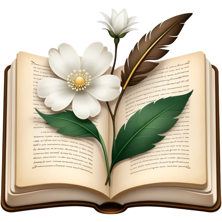 Icon for Poetry Reading: an open book with flowing, elegant verses on the pages, surrounded by a quill, an ink bottle, and a delicate flower. The icon should evoke the beauty and emotion of poetry. Transparent background. emoji