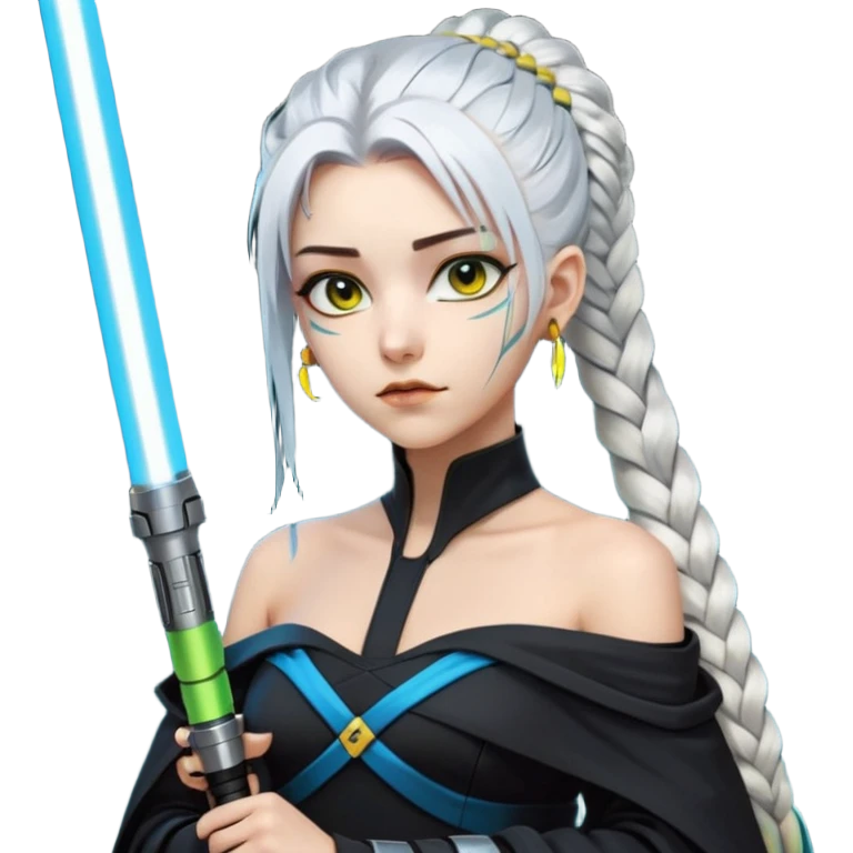 a closeup portrait of young woman with gold yellow eyes, white hair, long braid, black off-shoulder top, punk gothic style, futuristic cyberwave cyberpunk,  jedi attire and posture robes of a padawan, foreweilding a bright blue-green lightsaber emoji