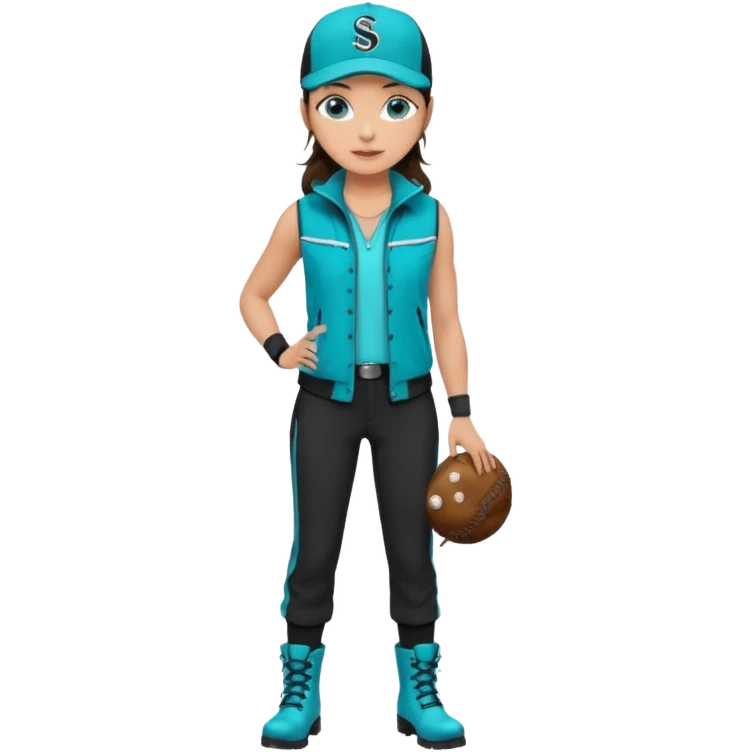 A landscaper in a beautiful turquoise jacket and turquoise boots, black pants, and a black sleeveless shirt. On his head is a black Swissotel baseball cap. The girl is a brunette with blue eyes. emoji