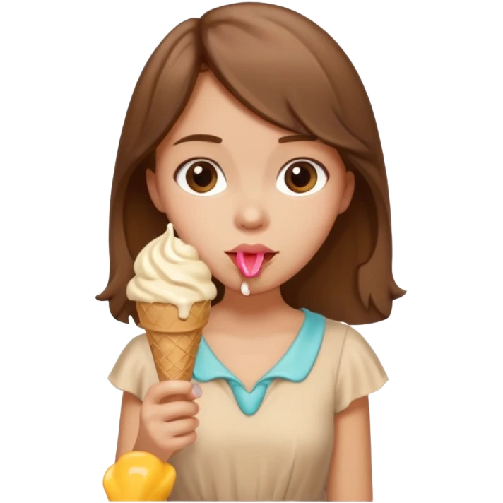 Un fille  brune au vêtement  beige qui mange une glace emoji