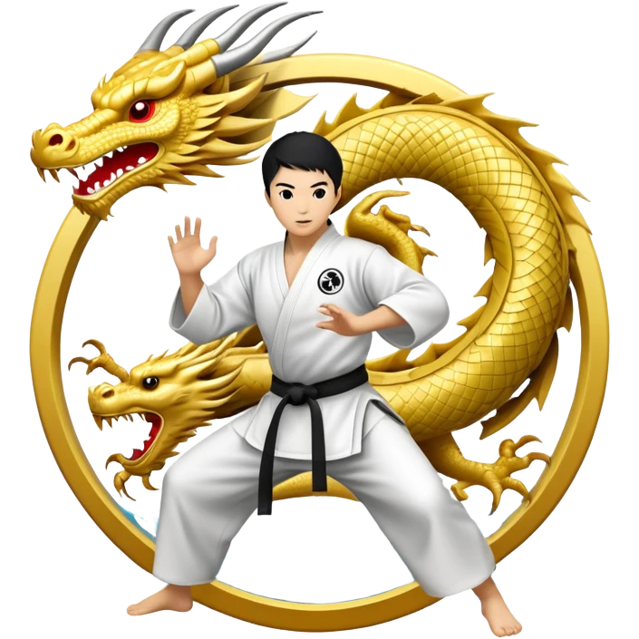 An icon symbolizing Eastern martial arts in the style of an emblem, featuring a black-and-white Yin-Yang symbol and a dragon at the center. A martial artist is performing a fluid kick, surrounded by elements like a dojo and bamboo. Transparent background highlights balance and power. emoji