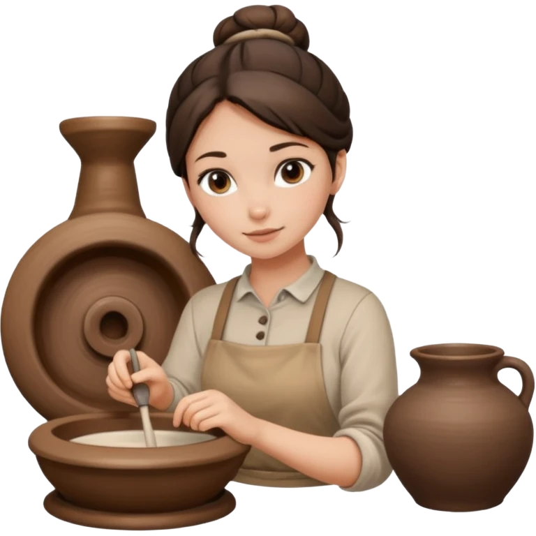 Brunette girl with a bun, behind the potter's wheel, wearing neutral clothing emoji