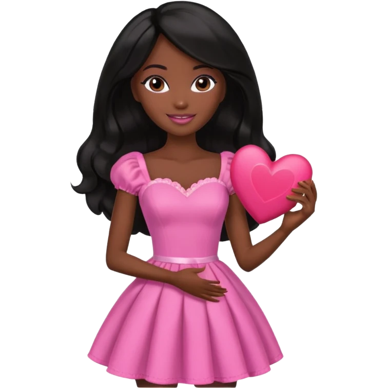 Black barbie, long black  hair, pink dress holding big heart that  visibly says the words "daily heart me" make me darksin emoji