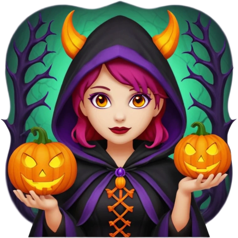 female-succubus-emoji,-red-skin,-purple-eyes,-elegant-face,-pumpkin-wreath-on-head,-black-hooded-cloak-with-cobweb-details,-holding-small-glowing-pumpkin-lantern,-halloween-fantasy emoji