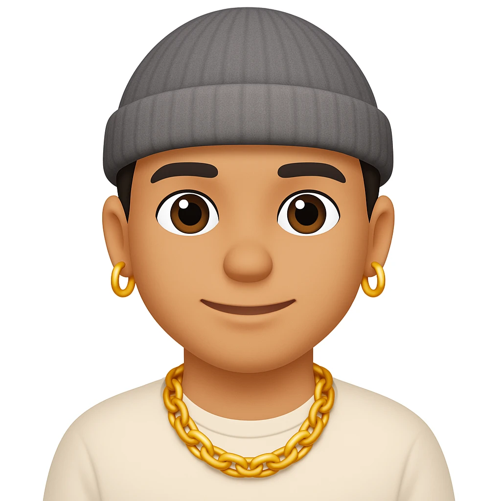 Create an image of a man with a gold chain and a beanie hat in the style of emoji style. The style should resemble emoji aesthetics with clear, simple, and colorful features. emoji