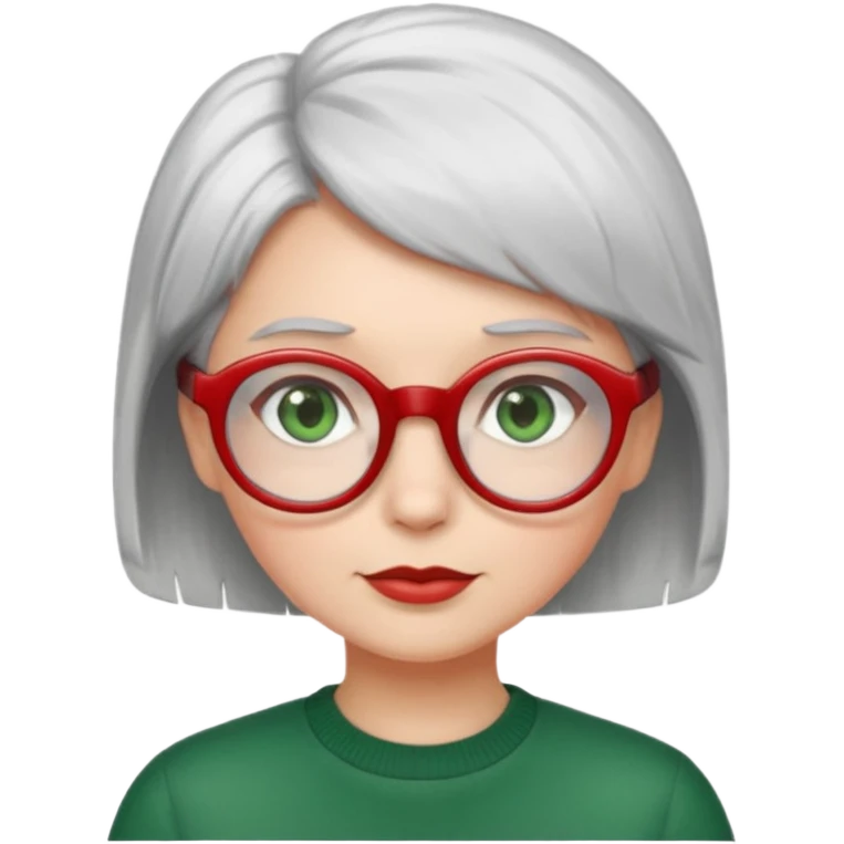visage femme a lunettes pas épaisse ronde rouge avec cheveux courts gris-blancs aux yeux verts emoji