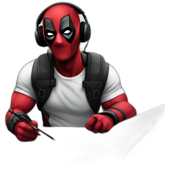 Deadpool-listening to music with headphones- on a bridge and he is drawing emoji