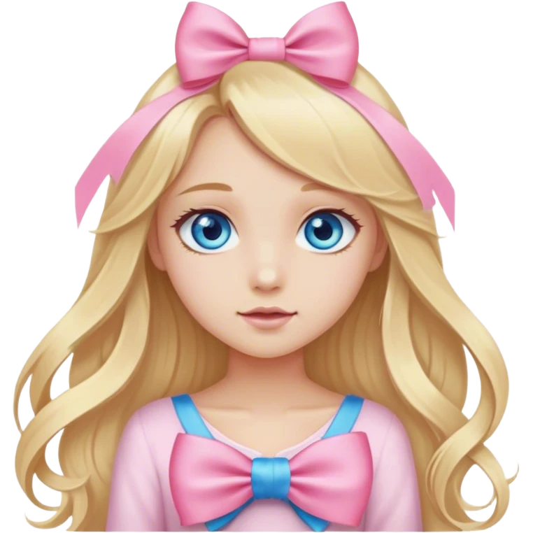 Young blonde girl, long hair, blue eyes, pink bow emoji